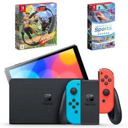 Nintendo Switch OLED with Neon Blue and Neon Red Joy-Con - Work Out Bundle