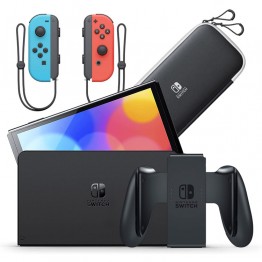 Nintendo Switch OLED with Neon Blue and Neon Red Joy-Con - Essential Bundle