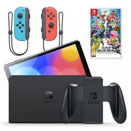 Nintendo Switch OLED with Neon Blue and Neon Red Joy-Con - Super Smash Party Bundle