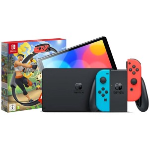 Nintendo Switch OLED with Neon Blue and Neon Red Joy-Con + Ring Fit Adventures